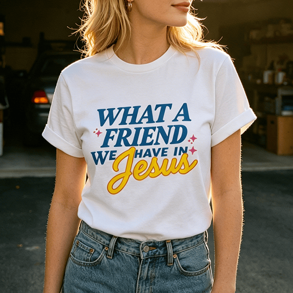 Christianartworkshop What A Friend We Have In Jesus Mix Block Cursive Tiny Star Sparkle Accent Front Print Women’s Crewnecks - image 0