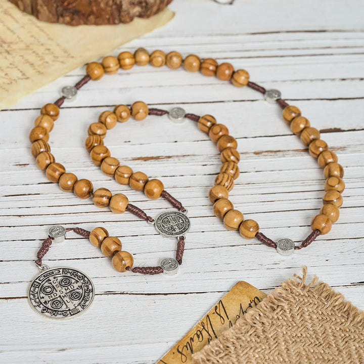 Christianartworkshop Natural Grain Wooden Bead Cord Rosary With St.Benedict / Our Lady / Finger Rosary Pendant - St.Benedict - image 8