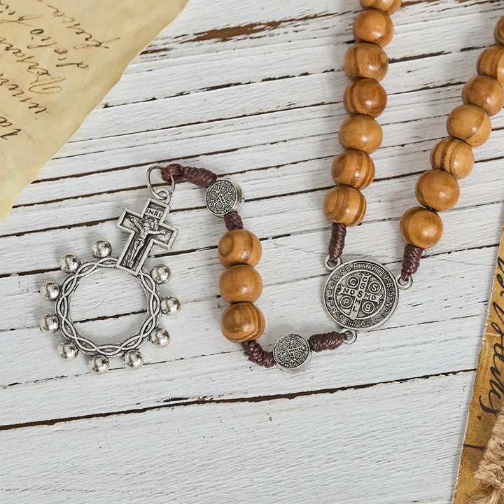 Christianartworkshop Natural Grain Wooden Bead Cord Rosary With St.Benedict / Our Lady / Finger Rosary Pendant - image 4