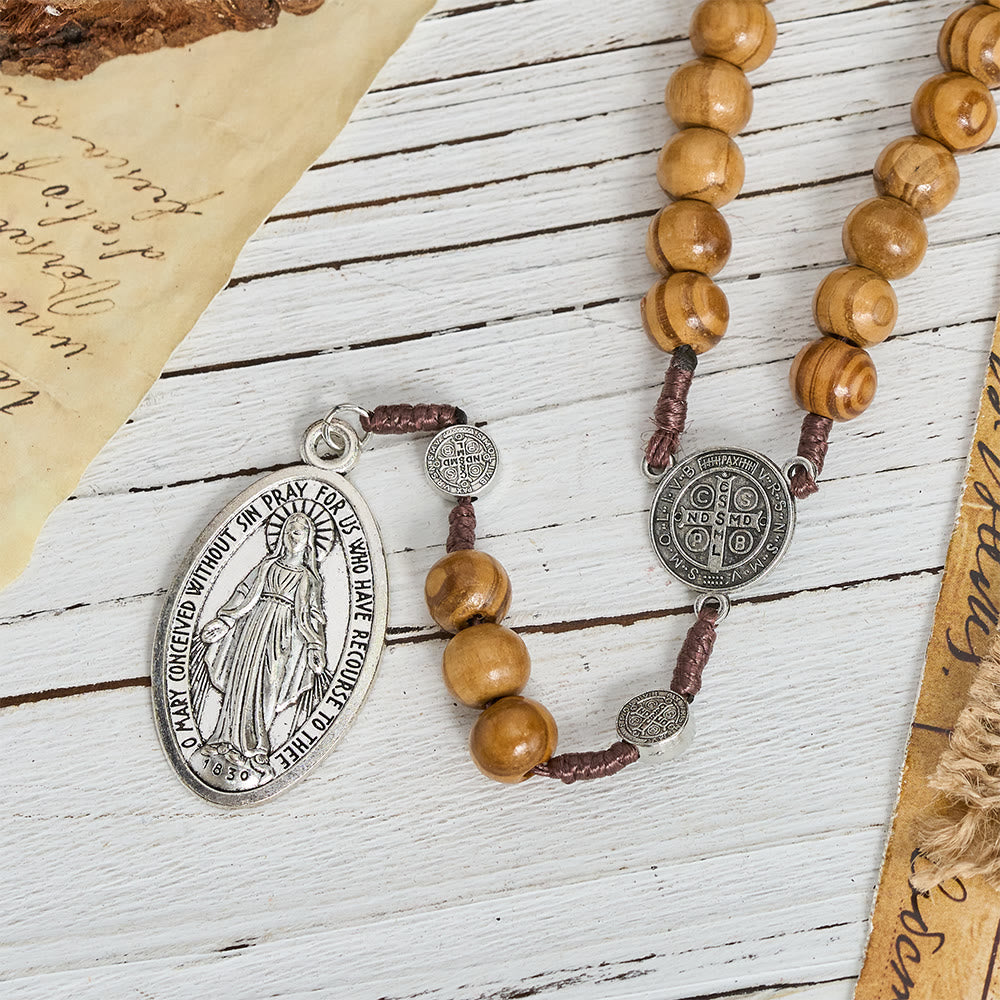 Christianartworkshop Natural Grain Wooden Bead Cord Rosary With St.Benedict / Our Lady / Finger Rosary Pendant - image 7