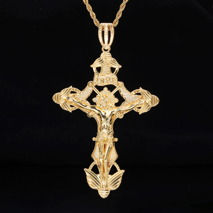 Christianartworkshop Detailed Carved Winged Crucifix Rope Chain Necklace: Graceful Token of Gentle Heavenly Mercy - Golden - image 0