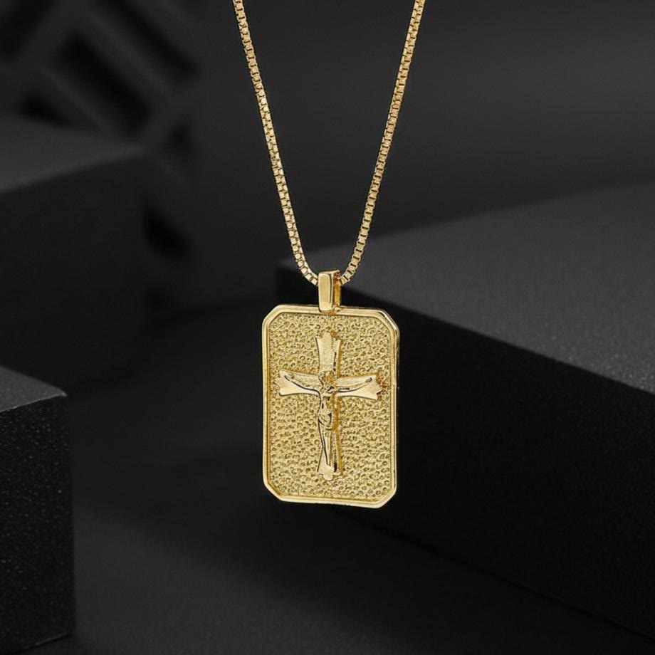 Christianartworkshop Textured Rectangle Medal Our Lady Crucifix Box Chain Necklace: Timeless Emblem of Merciful Sacred Devotion - image 6