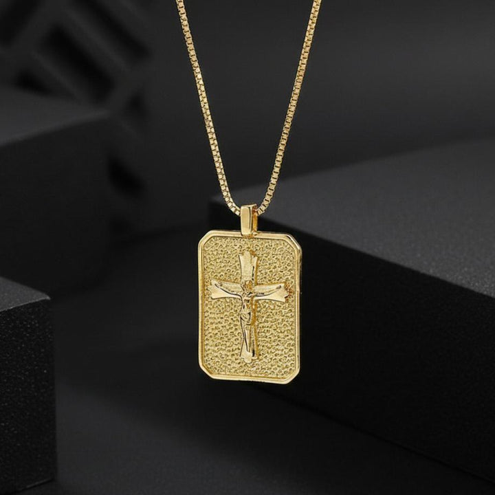 Christianartworkshop Textured Rectangle Medal Our Lady Crucifix Box Chain Necklace: Timeless Emblem of Merciful Sacred Devotion - image 6