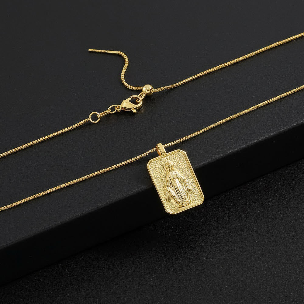 Christianartworkshop Textured Rectangle Medal Our Lady Crucifix Box Chain Necklace: Timeless Emblem of Merciful Sacred Devotion - image 3