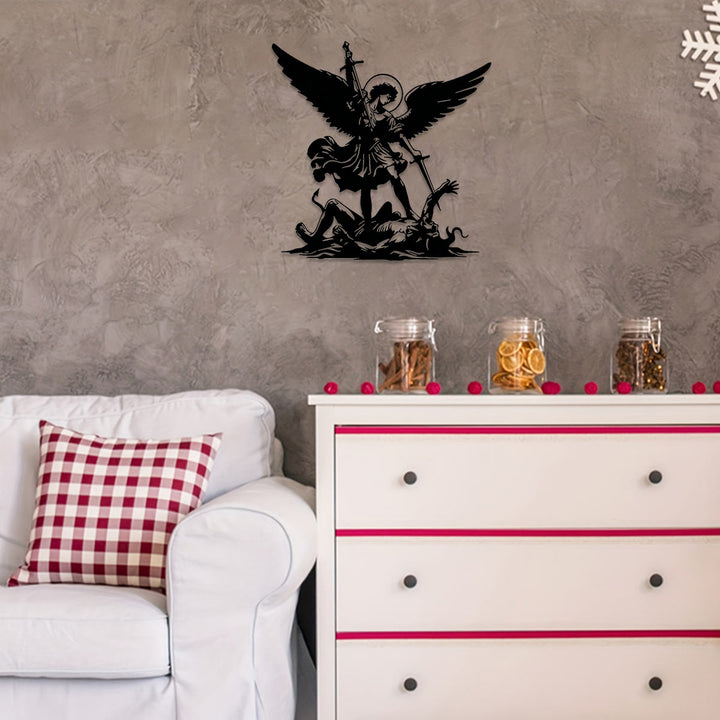 Christianartworkshop St. Michael Archangel Defeating Evil Silhouette Metal Wall Decor: Timeless Emblem of Sacred Spiritual Victory - image 3