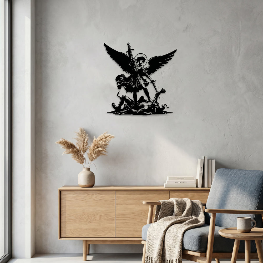 Christianartworkshop St. Michael Archangel Defeating Evil Silhouette Metal Wall Decor: Timeless Emblem of Sacred Spiritual Victory - image 1