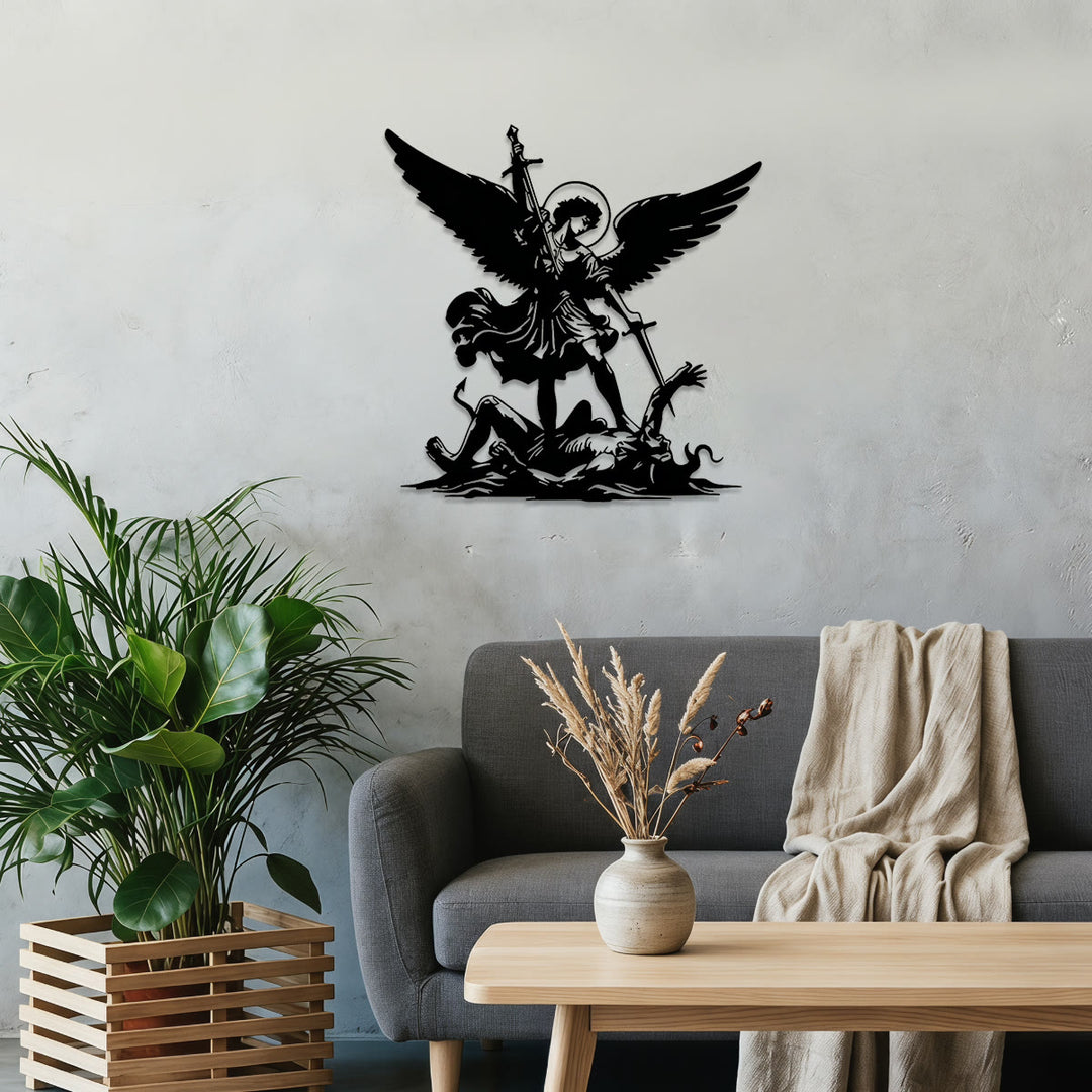 Christianartworkshop St. Michael Archangel Defeating Evil Silhouette Metal Wall Decor: Timeless Emblem of Sacred Spiritual Victory - image 0