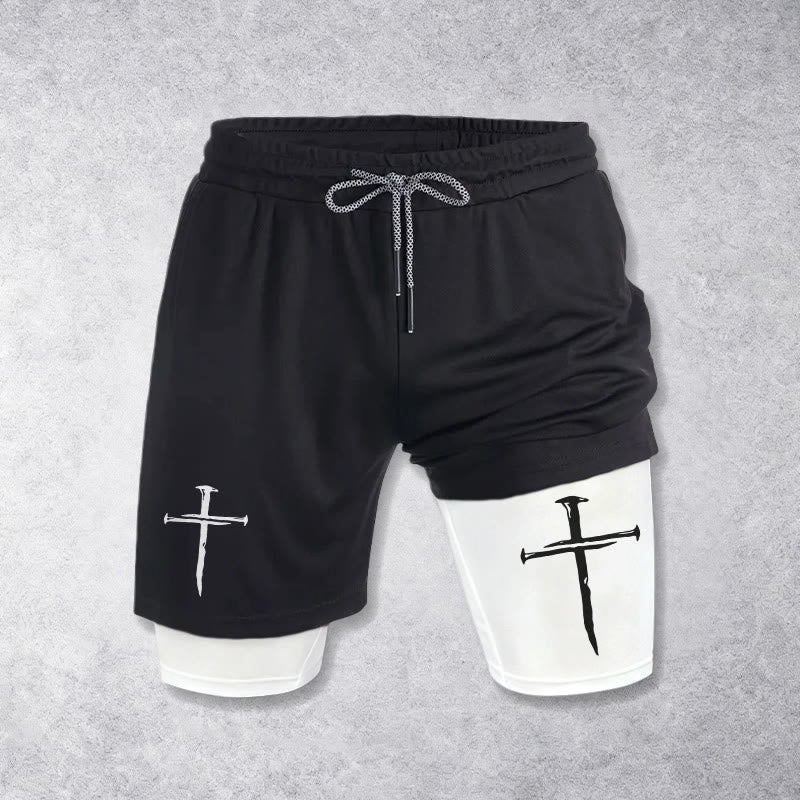 Christianartworkshop Nail Cross Minimal Sketch Double Layer Drawstring Athletic Faith  Shorts - image 1