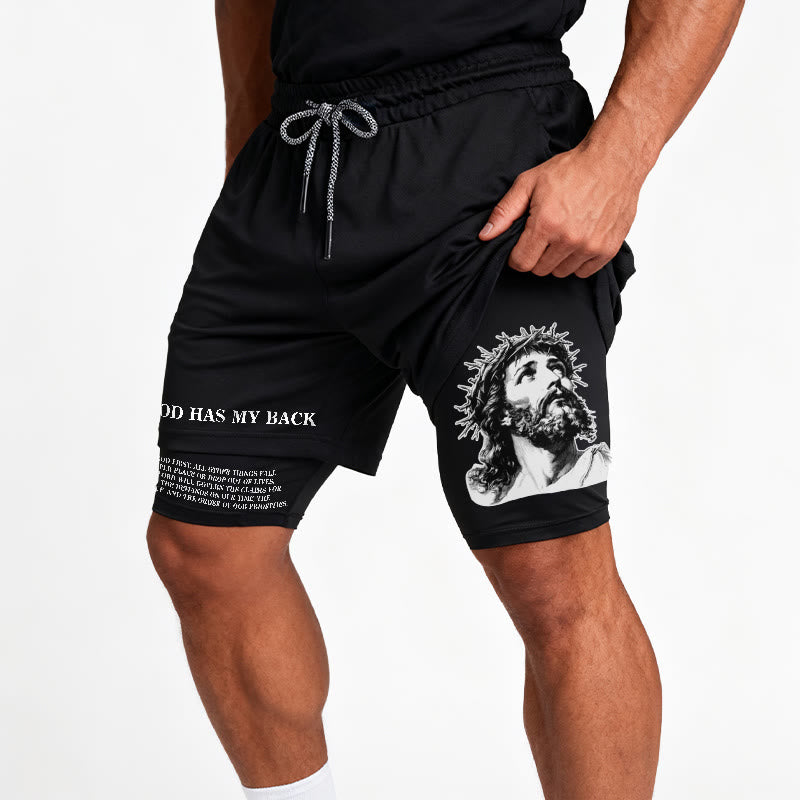 Christianartworkshop God Has My Back Crown Of Thorns Jesus Sketch Dual Print Drawstring Layered Faith Shorts - image 16