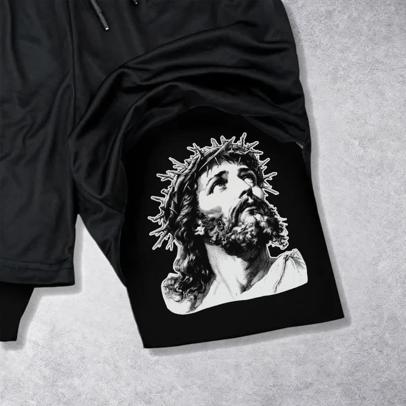Christianartworkshop God Has My Back Crown Of Thorns Jesus Sketch Dual Print Drawstring Layered Faith Shorts - image 12
