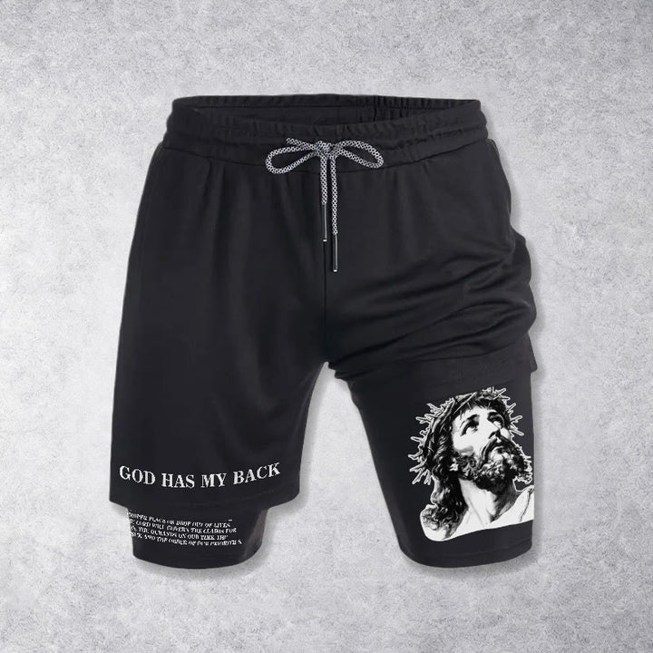 Christianartworkshop God Has My Back Crown Of Thorns Jesus Sketch Dual Print Drawstring Layered Faith Shorts - image 10