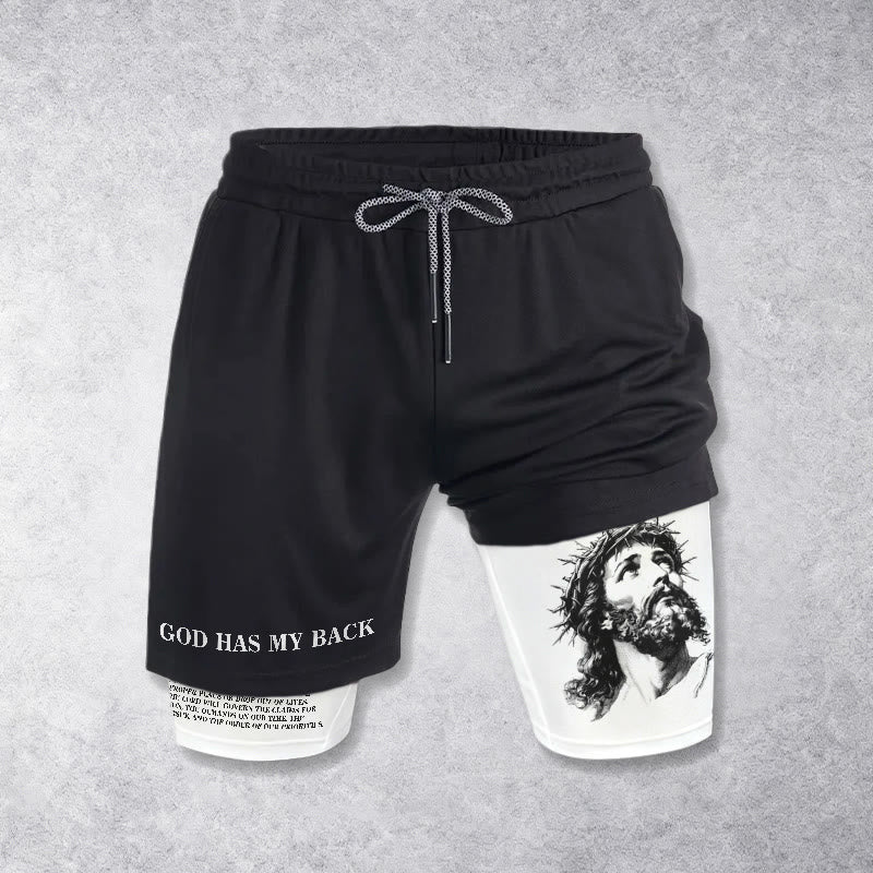 Christianartworkshop God Has My Back Crown Of Thorns Jesus Sketch Dual Print Drawstring Layered Faith Shorts - image 1