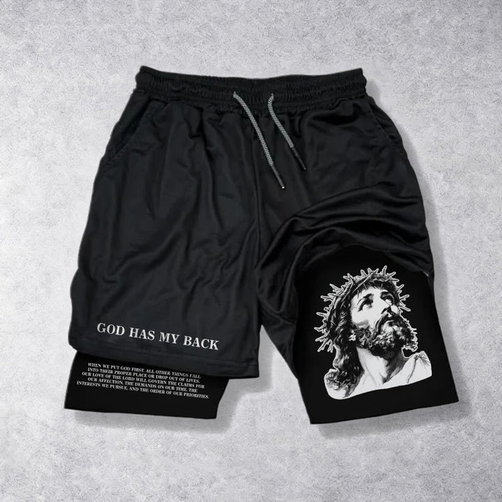 Christianartworkshop God Has My Back Crown Of Thorns Jesus Sketch Dual Print Drawstring Layered Faith Shorts - Black - 3XL - image 9