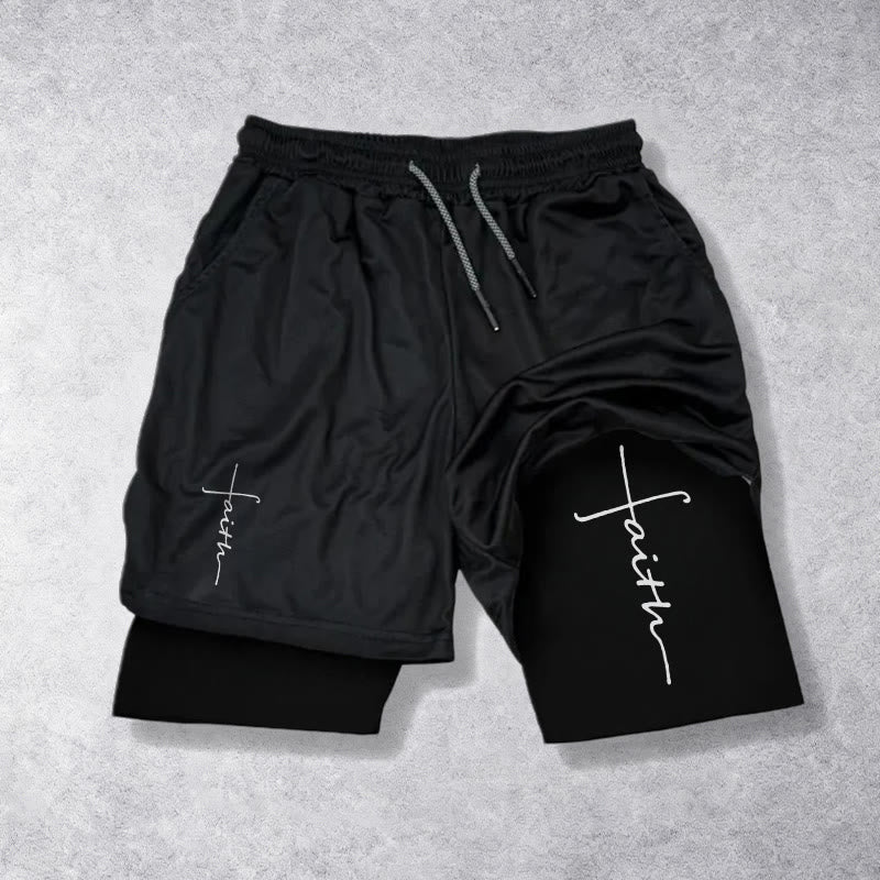 Christianartworkshop Cursive Faith Cross Integrated Script Dual Layer Drawstring Athletic Shorts - Black - 3XL - image 9