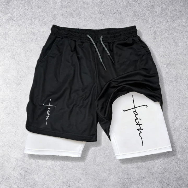 Christianartworkshop Cursive Faith Cross Integrated Script Dual Layer Drawstring Athletic Shorts - White - 3XL - image 0