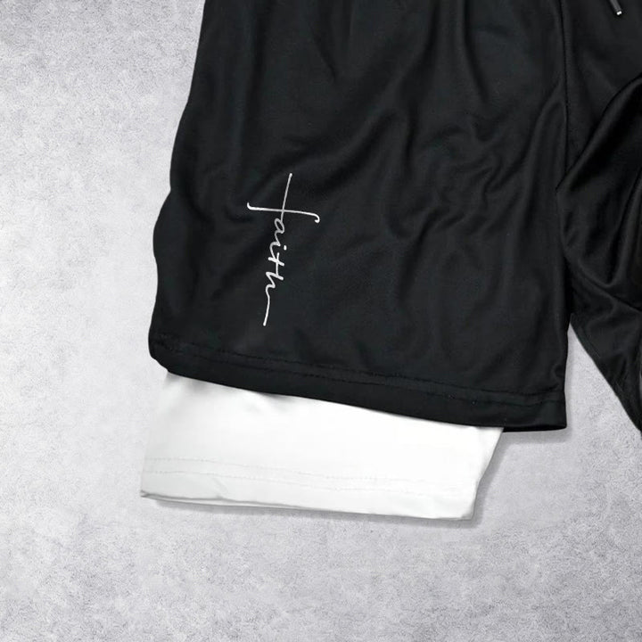 Christianartworkshop Cursive Faith Cross Integrated Script Dual Layer Drawstring Athletic Shorts - image 2