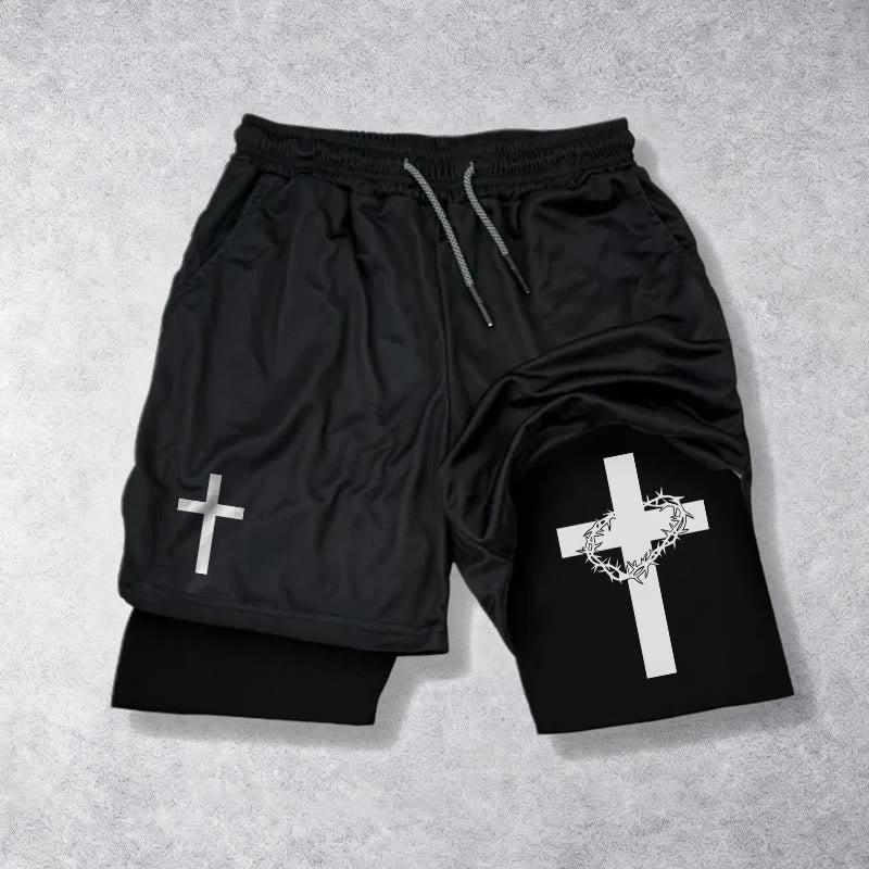 Christianartworkshop Two-Tier Layered Athletic Shorts Dual Different Cross Symbol Devotional Shorts - Black - 3XL - image 9