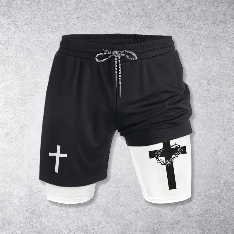 Christianartworkshop Two-Tier Layered Athletic Shorts Dual Different Cross Symbol Devotional Shorts - image 1