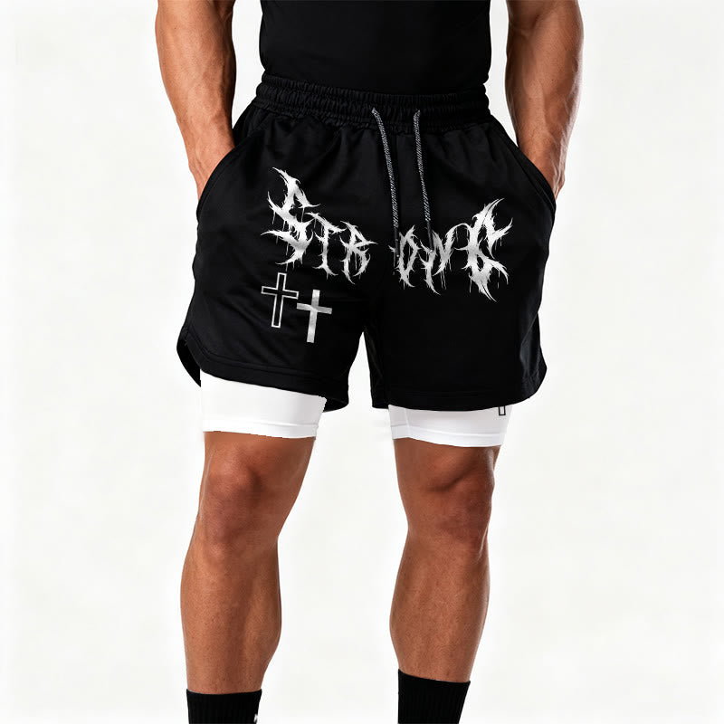 Christianartworkshop Strong Sharp Gothic Font Double Cross Matching Dual Print Drawstring Faith Shorts - image 8