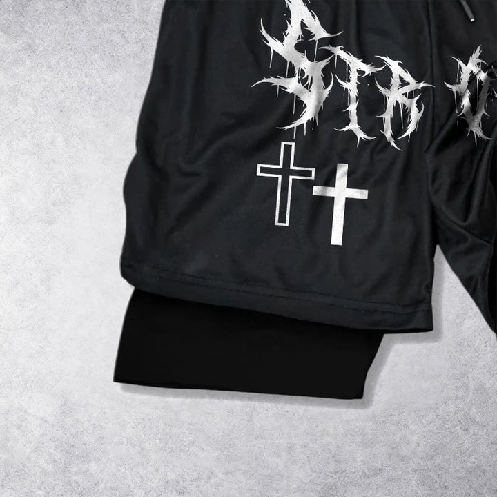 Christianartworkshop Strong Sharp Gothic Font Double Cross Matching Dual Print Drawstring Faith Shorts - image 11