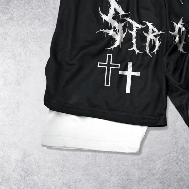 Christianartworkshop Strong Sharp Gothic Font Double Cross Matching Dual Print Drawstring Faith Shorts - image 2