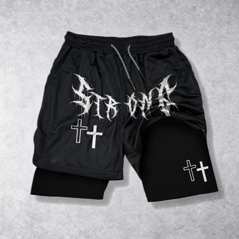 Christianartworkshop Strong Sharp Gothic Font Double Cross Matching Dual Print Drawstring Faith Shorts - Black - 3XL - image 9