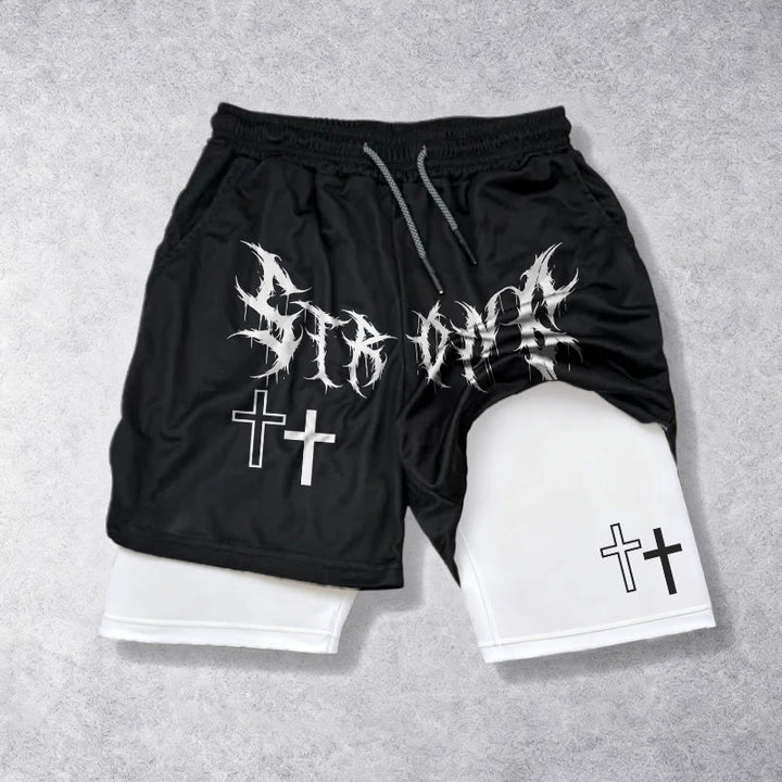 Christianartworkshop Strong Sharp Gothic Font Double Cross Matching Dual Print Drawstring Faith Shorts - White - 3XL - image 0