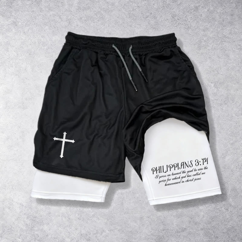 Christianartworkshop Simple Nail Cross Philippians 3:14 Cursive Verse Drawstring Faith Shorts - White - 3XL - image 0