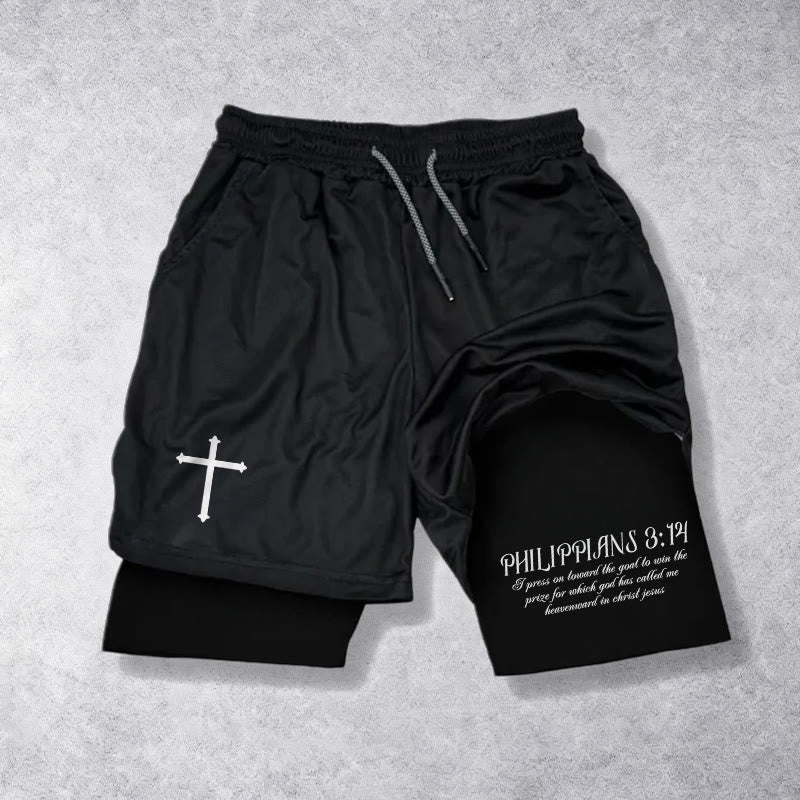 Christianartworkshop Simple Nail Cross Philippians 3:14 Cursive Verse Drawstring Faith Shorts - Black - 3XL - image 9