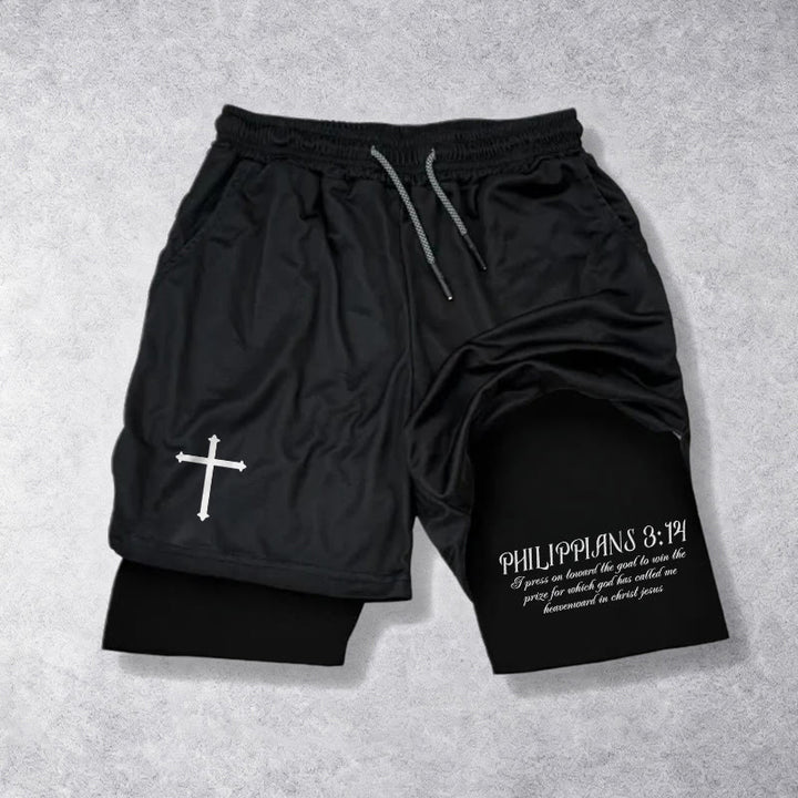 Christianartworkshop Simple Nail Cross Philippians 3:14 Cursive Verse Drawstring Faith Shorts - Black - 3XL - image 9
