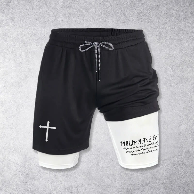 Christianartworkshop Simple Nail Cross Philippians 3:14 Cursive Verse Drawstring Faith Shorts - image 1