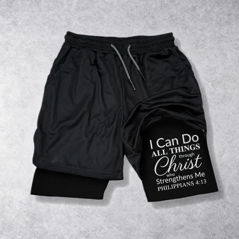 Christianartworkshop Timeless I Can Do All Things Through Christ Full Verse Dual Layer Drawstring Faith Sports Shorts - Black - 3XL - image 9
