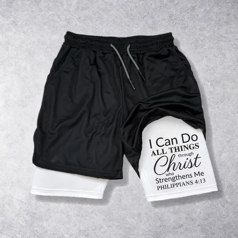 Christianartworkshop Timeless I Can Do All Things Through Christ Full Verse Dual Layer Drawstring Faith Sports Shorts - White - 3XL - image 0