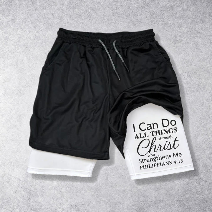 Christianartworkshop Timeless I Can Do All Things Through Christ Full Verse Dual Layer Drawstring Faith Sports Shorts - White - 3XL - image 0