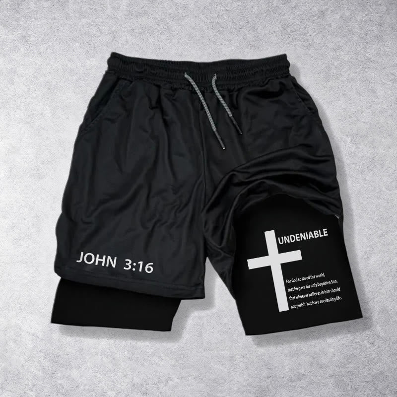 Christianartworkshop John 3:16 Outer Undeniable Cross Full Verse Inner Two Layer Drawstring Faith Shorts - Black - 3XL - image 9