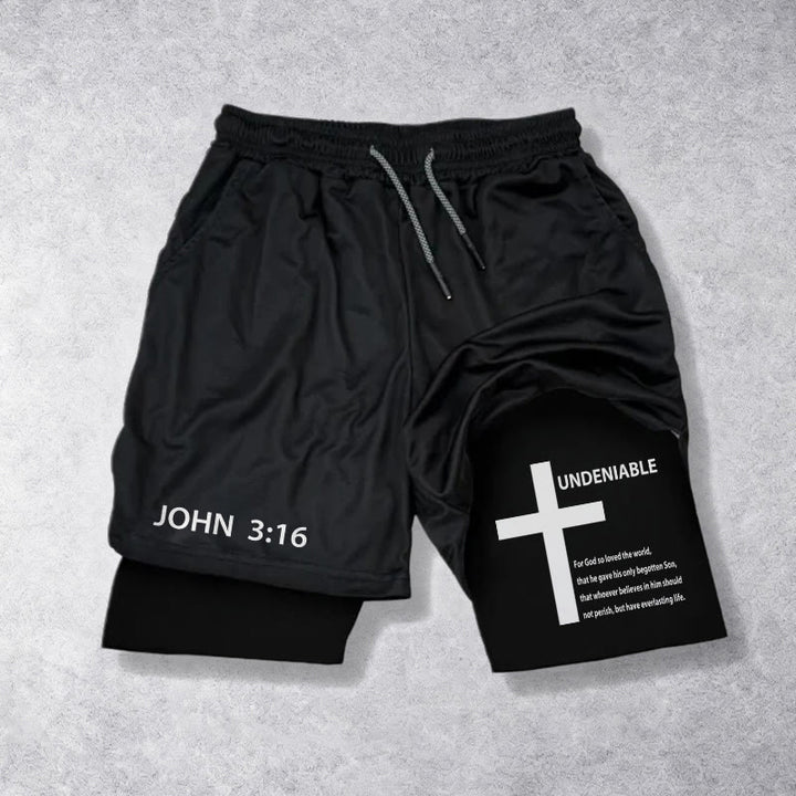 Christianartworkshop John 3:16 Outer Undeniable Cross Full Verse Inner Two Layer Drawstring Faith Shorts - Black - 3XL - image 9
