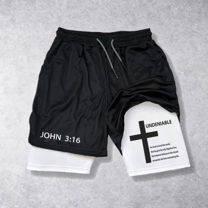 Christianartworkshop John 3:16 Outer Undeniable Cross Full Verse Inner Two Layer Drawstring Faith Shorts - White - 3XL - image 0