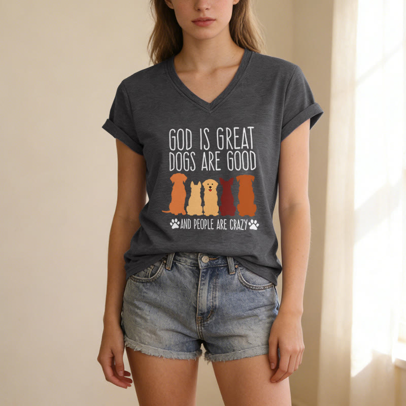 Christianartworkshop God Is Great Dogs Are Good Multicolor Dog Silhouette Paw Print Graphic Casual V-neck T-shirt - image 1