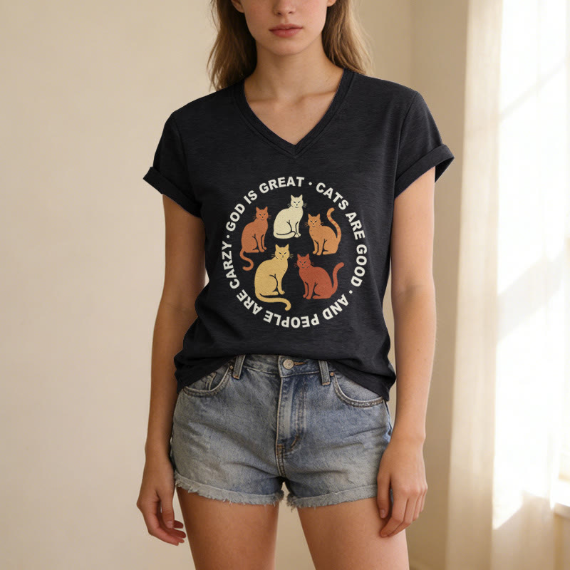 Christianartworkshop Funny Christian Cat Lover Circular Slogan Multi Shade Kitten Group Print Casual V-neck T-shirt - image 15