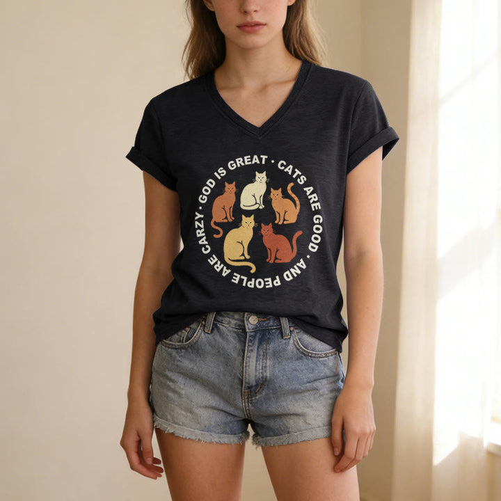Christianartworkshop Funny Christian Cat Lover Circular Slogan Multi Shade Kitten Group Print Casual V-neck T-shirt - image 15