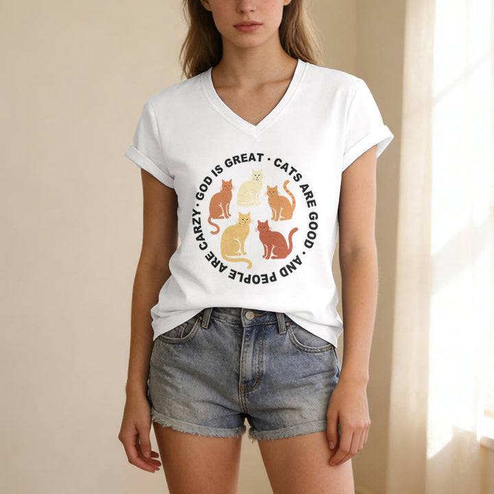 Christianartworkshop Funny Christian Cat Lover Circular Slogan Multi Shade Kitten Group Print Casual V-neck T-shirt - image 21