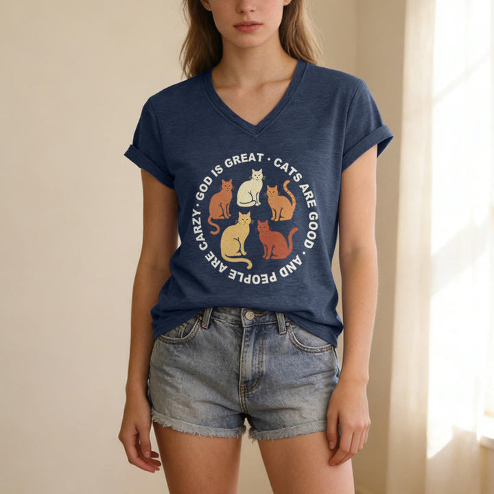 Christianartworkshop Funny Christian Cat Lover Circular Slogan Multi Shade Kitten Group Print Casual V-neck T-shirt - image 5