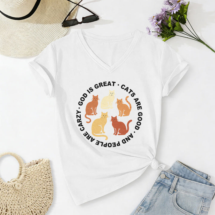 Christianartworkshop Funny Christian Cat Lover Circular Slogan Multi Shade Kitten Group Print Casual V-neck T-shirt - White - 2XL - image 20