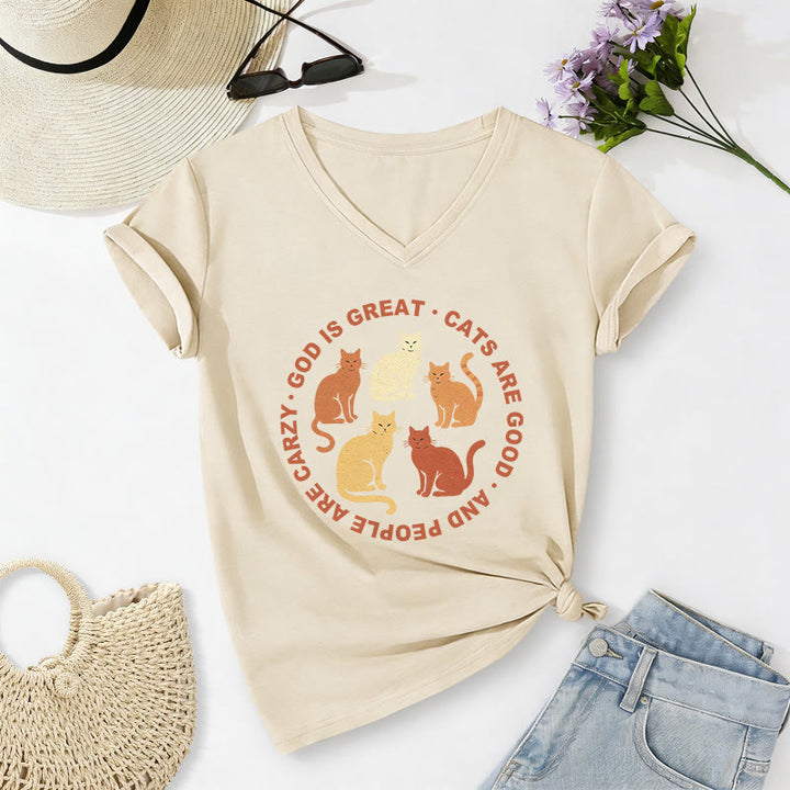 Christianartworkshop Funny Christian Cat Lover Circular Slogan Multi Shade Kitten Group Print Casual V-neck T-shirt - Beige - 2XL - image 6