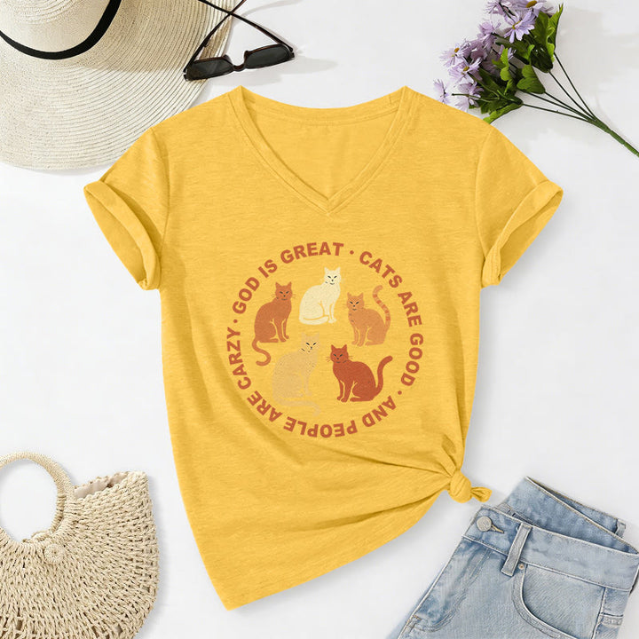 Christianartworkshop Funny Christian Cat Lover Circular Slogan Multi Shade Kitten Group Print Casual V-neck T-shirt - Yellow - 2XL - image 16