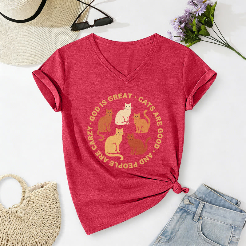 Christianartworkshop Funny Christian Cat Lover Circular Slogan Multi Shade Kitten Group Print Casual V-neck T-shirt - Red - 2XL - image 8