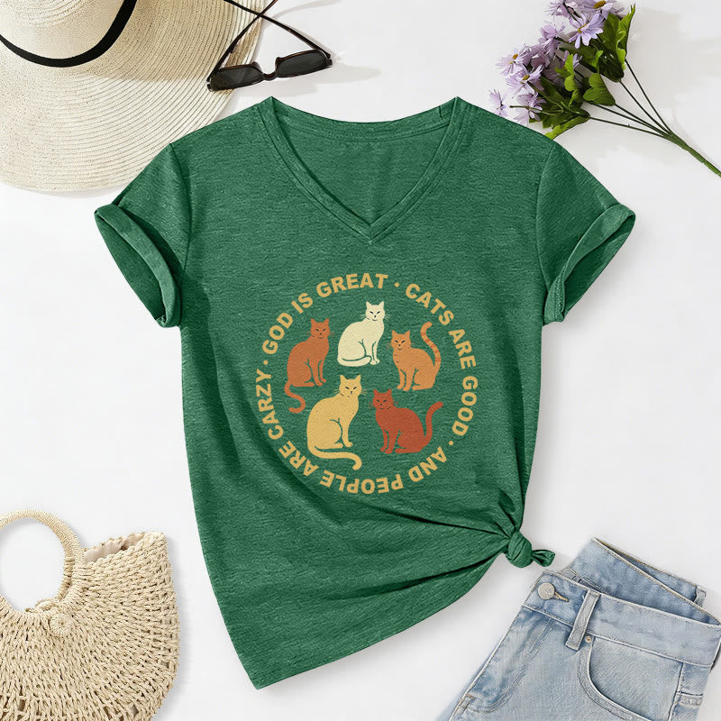 Christianartworkshop Funny Christian Cat Lover Circular Slogan Multi Shade Kitten Group Print Casual V-neck T-shirt - Dark Green - 2XL - image 24