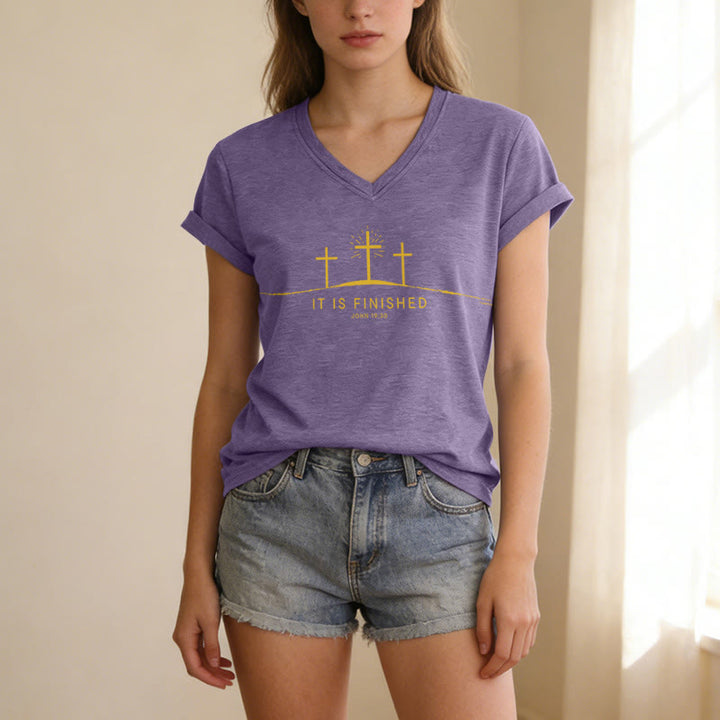 Christianartworkshop It Is Finished Three Calvary Crosses John 19:30 Minimal Line Graphic Casual V-neck T-shirt - image 5