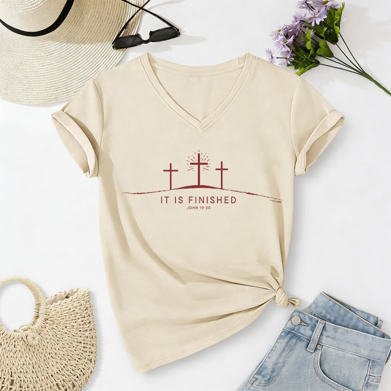 Christianartworkshop It Is Finished Three Calvary Crosses John 19:30 Minimal Line Graphic Casual V-neck T-shirt - Beige - 2XL - image 0