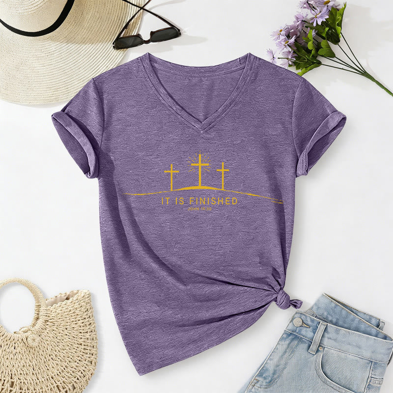 Christianartworkshop It Is Finished Three Calvary Crosses John 19:30 Minimal Line Graphic Casual V-neck T-shirt - Purple - 2XL - image 4